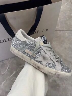 Golden Goose Silver Glitter Low-Top Sneaker with Suede Star